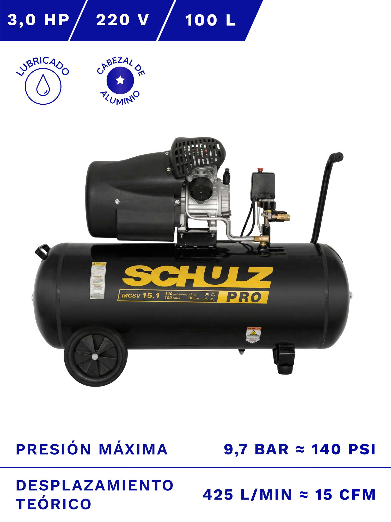 COMPRESOR DE AIRE SCHULZ AIR PRO 3HP 100L 9,7BAR 15CFM