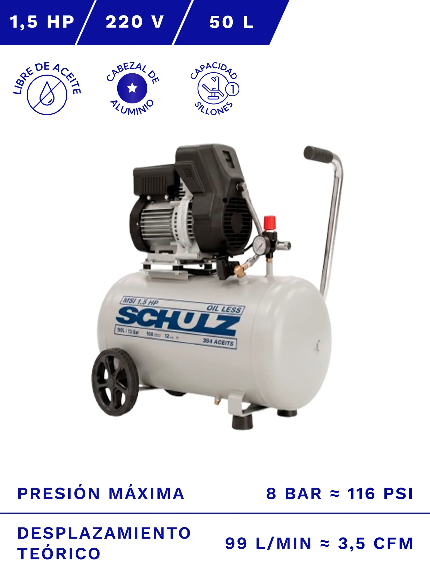 COMPRESOR LIBRE DE ACEITE SCHULZ 50 LITROS - MODELO MCSL 3/50 PM