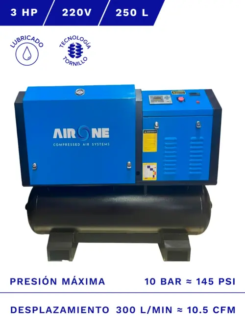 COMPRESOR DE TORNILLO 3 EN 1 AIRONE 3HP 10BAR 250L 10.5CFM